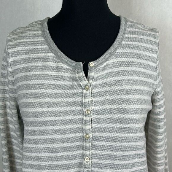 aerie Knit Henley Top Shirt Pullover Gray White Stripe Sz L Long Sleeve Pocket - Picture 2 of 10